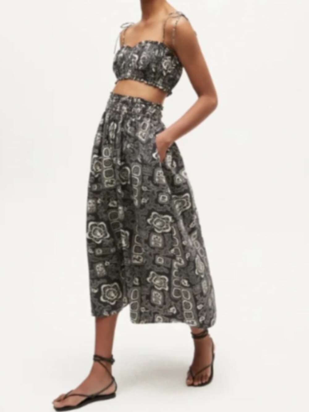 Rhode Resort Pari Tie Shoulder Crop Top Pooja Midi Skirt Bapu Bazaar Black 2/S